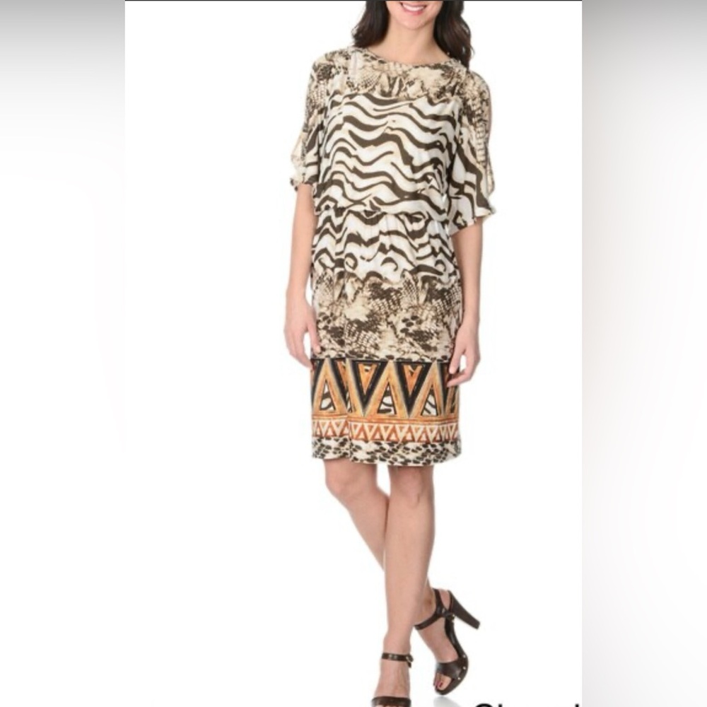 Nina Leonard NWOT Zebra Print Dress with Geometric Accents and cold shoulder